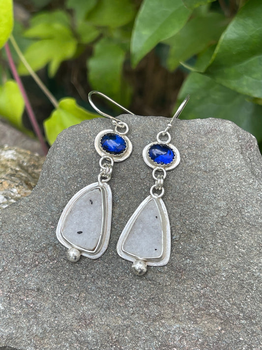 Handmade sterling silver sapphire and white druzy drop earrings, front view