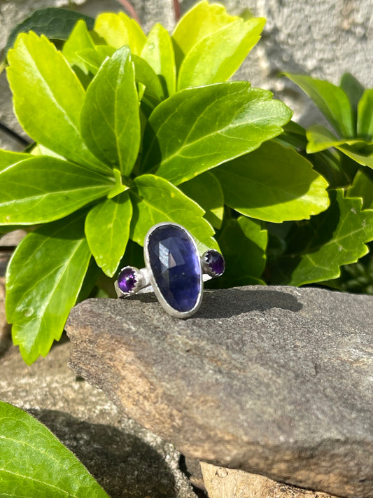 Handmade sterling silver iolite and amethyst three-stone ring, alternate view