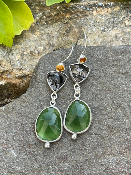Handmade sterling silver rutilated quartz, yellow topaz and prehnite drop earrings, front view