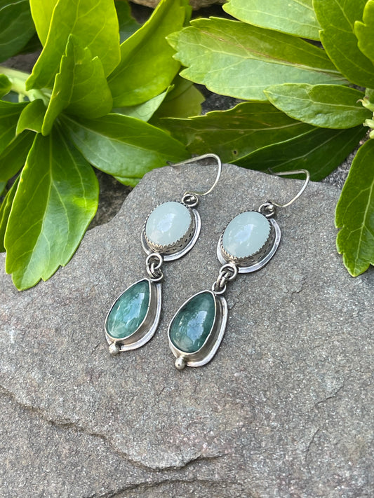 Handmade sterling silver milky aquamarine and green jasper drop earrings, front view