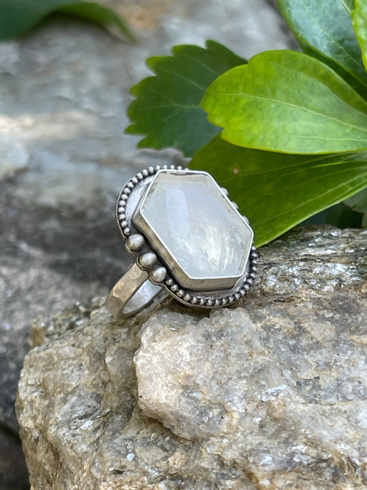 Handmade sterling silver moonstone hexagon ring, front view