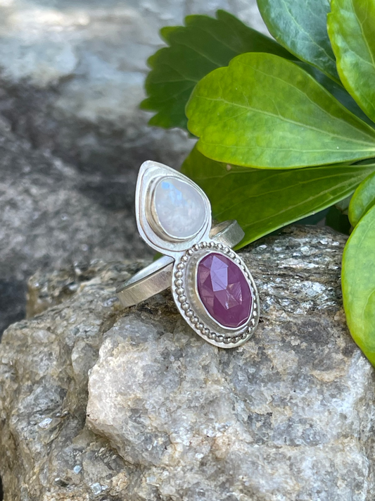 Handmade sterling silver ruby and moonston, front view