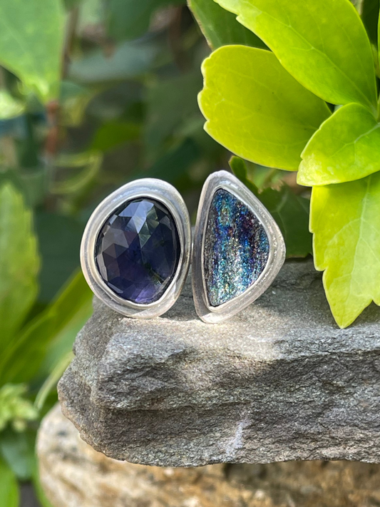 Handmade sterling silver druzy and iolite two-stone ring, front view