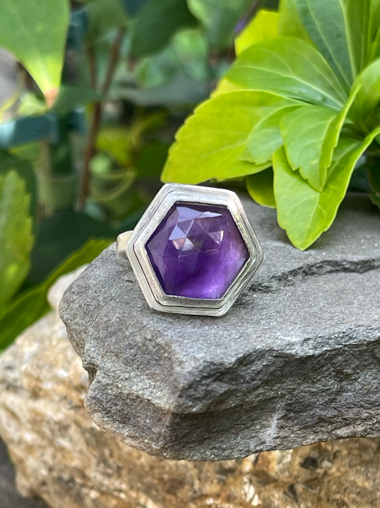 Handmade sterling silver faceted amethyst hexagon ring, front view