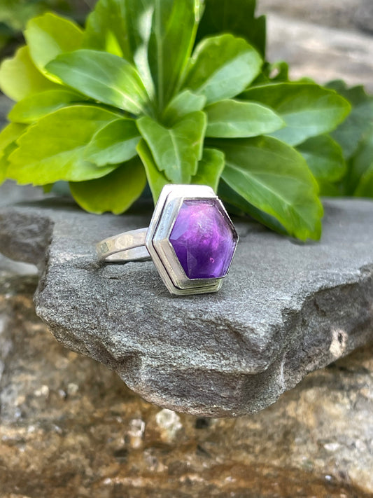 Handmade sterling silver faceted amethyst hexagon ring, alternate view