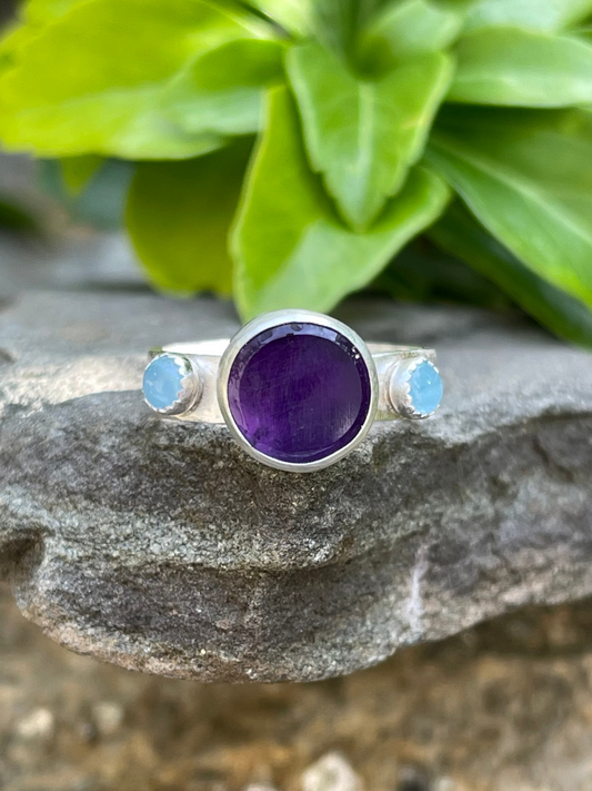 Handmade sterling silver faceted amethyst ring, front view