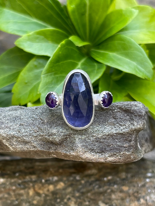 Handmade sterling silver iolite and amethyst three-stone ring, front view