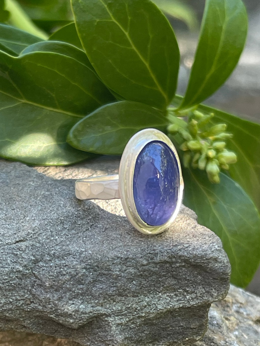 Handmade sterling silver tanzanite ring, front view