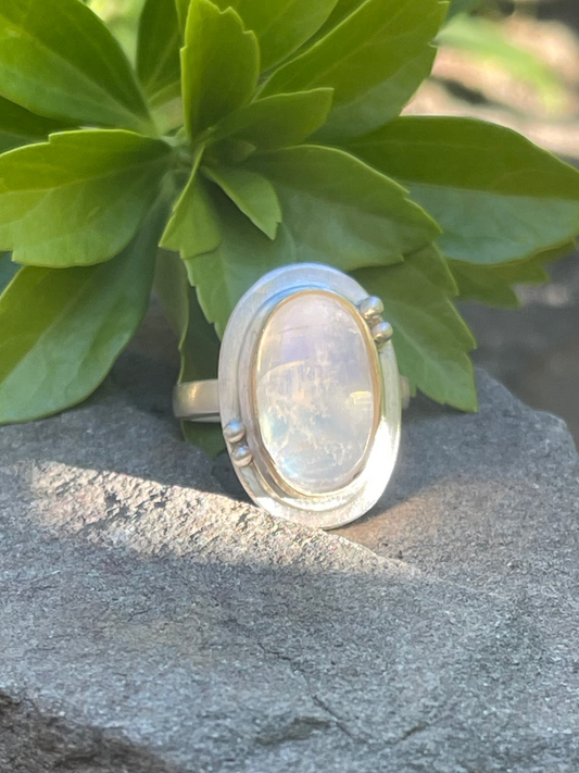 Handmade 14K gold petite moonstone marquise ring, front view