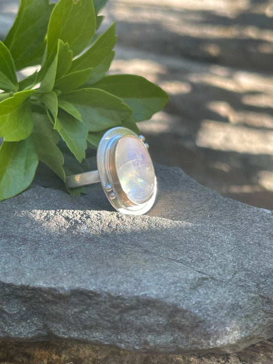 Handmade 14K gold petite moonstone marquise ring, alternate view