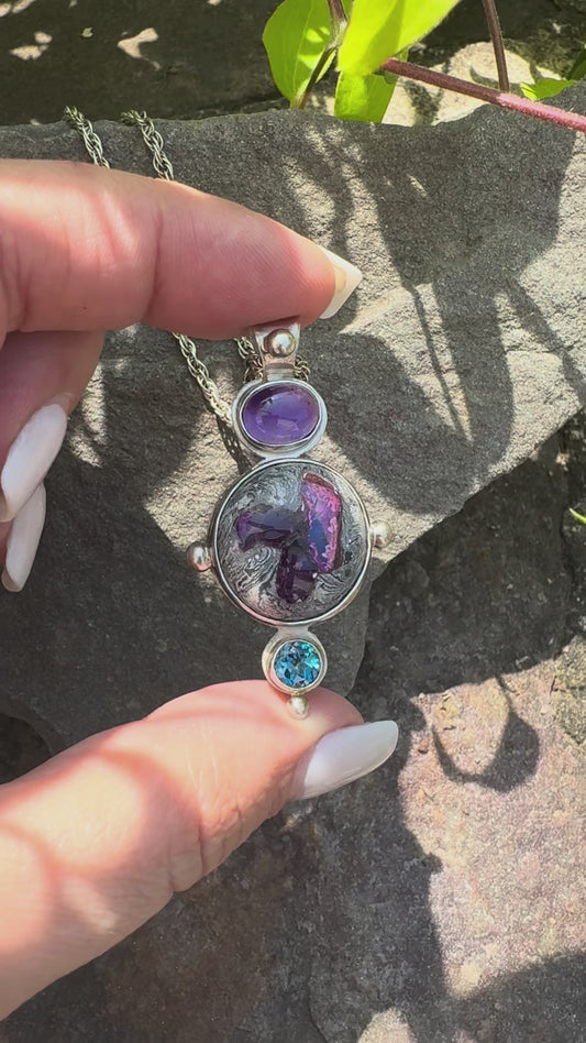 Amethyst, Fire Opal and London Blue Topaz Pendant in Sterling Silver