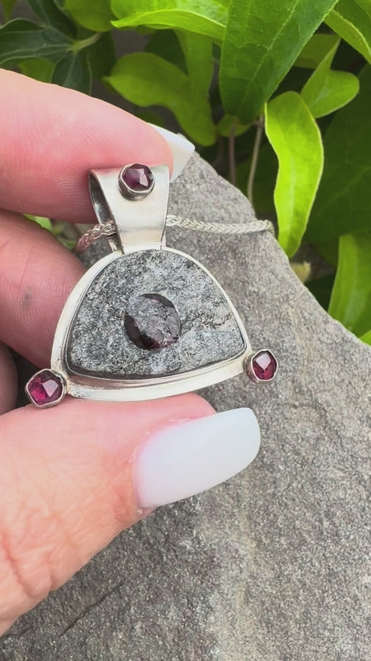 Rough Garnet Shield Pendant in Sterling Silver