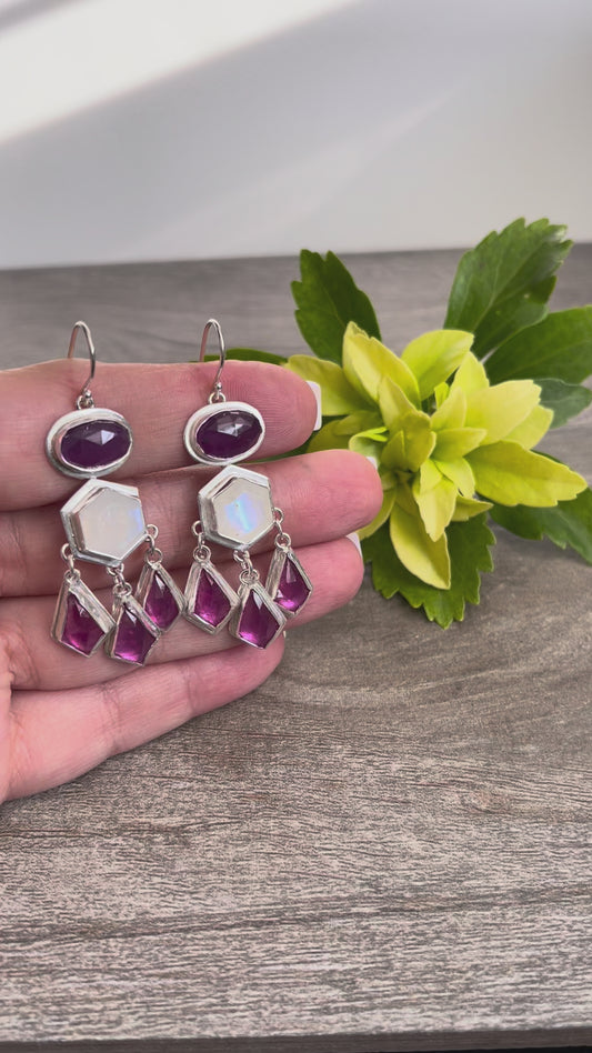 Ruby and Hexagon Moonstone Fringe Earrings in Sterling Silver
